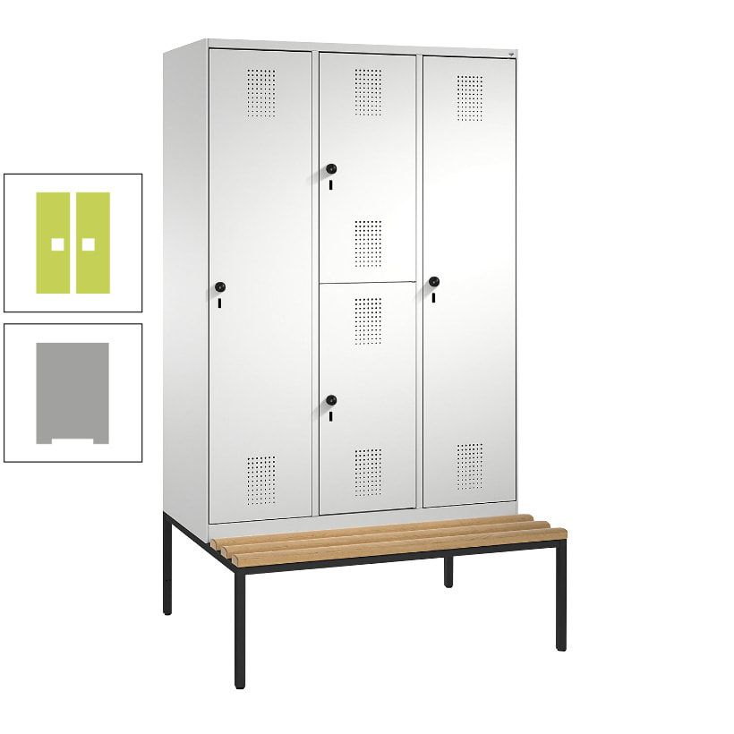 Garderobenschrank, Spind ein- und doppelstöckig Sitzbank, 3 Abteile, 4 Fächer, 2.090x1.200x500 mm (HxBxT), Front anthrazitgrau, Korpus anthrazitgrau