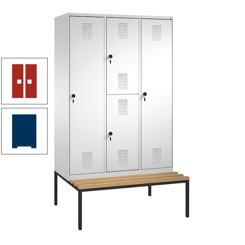 Garderobenschrank, Spind ein- und doppelstöckig Sitzbank, 3 Abteile, 4 Fächer, 2.090x1.200x500 mm (HxBxT), Front anthrazitgrau, Korpus anthrazitgrau
