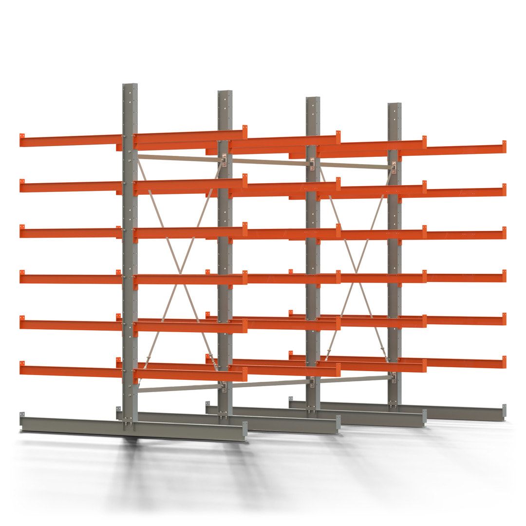 Doppelseitiges Kragarmregal, 2 Felder, 3.000 x 2.560 x 1.120 mm (HxBxT), Nutztiefe 500 mm, Kragarmlast 870 kg, KARL basic, silbergrau/reinorange