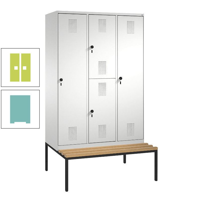 Garderobenschrank, Spind ein- und doppelstöckig Sitzbank, 3 Abteile, 4 Fächer, 2.090x1.200x500 mm (HxBxT), Front anthrazitgrau, Korpus anthrazitgrau