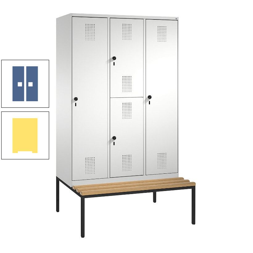 Garderobenschrank, Spind ein- und doppelstöckig Sitzbank, 3 Abteile, 4 Fächer, 2.090x1.200x500 mm (HxBxT), Front anthrazitgrau, Korpus anthrazitgrau