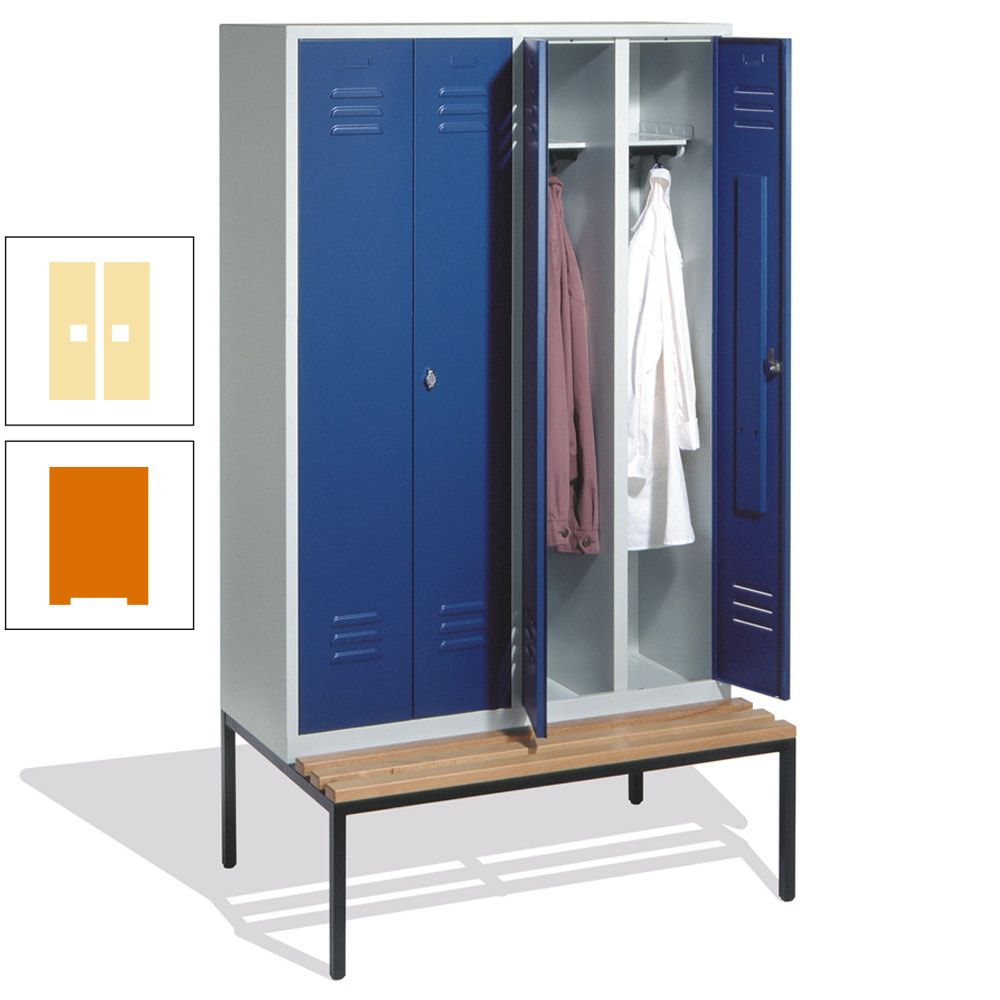 Doppel-Spindschrank, Buche Sitzbank untergebaut, 4 Abteile a 300 mm, Korpus lichtgrau, Tür anthrazitgrau, 2.090 x 1.190 x 815 mm (HxBxT)