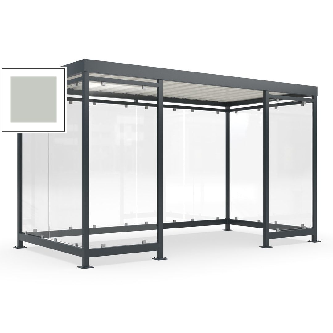 Fahrgastunterstand, Raucherunterstand, fertig montiert, Aufdübeln, 12-13 Personen, 2.510 x 4.195 x 2.165 mm (HxBxT), 10 Wände, Achatgrau
