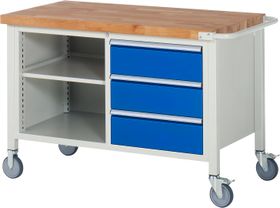 Mobile Werkbank, 2 Ablageböden - 3 Schubladen - Teilauszug - 180:3 - Höhe 880-1.080 mm - 1.250 x 700 mm - 450 kg - Farbe wählbar