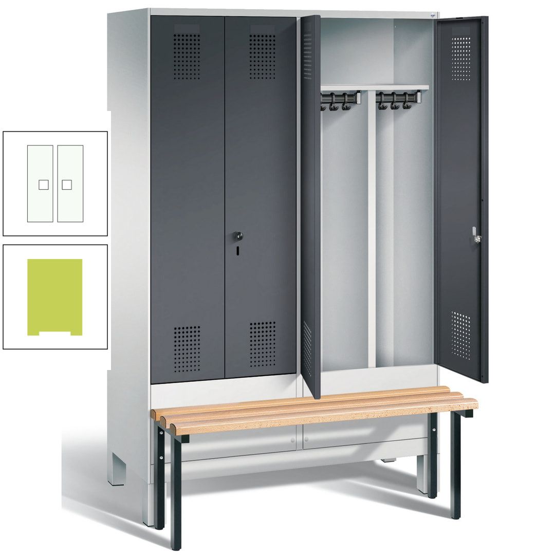Doppel-Spind, Garderobenschrank, Buche Sitzbank vorgebaut, 4 Abteile a 300 mm, Korpus feuerrot, Tür Wasserblau, 1.850 x 1.200 x 815 mm (HxBxT)