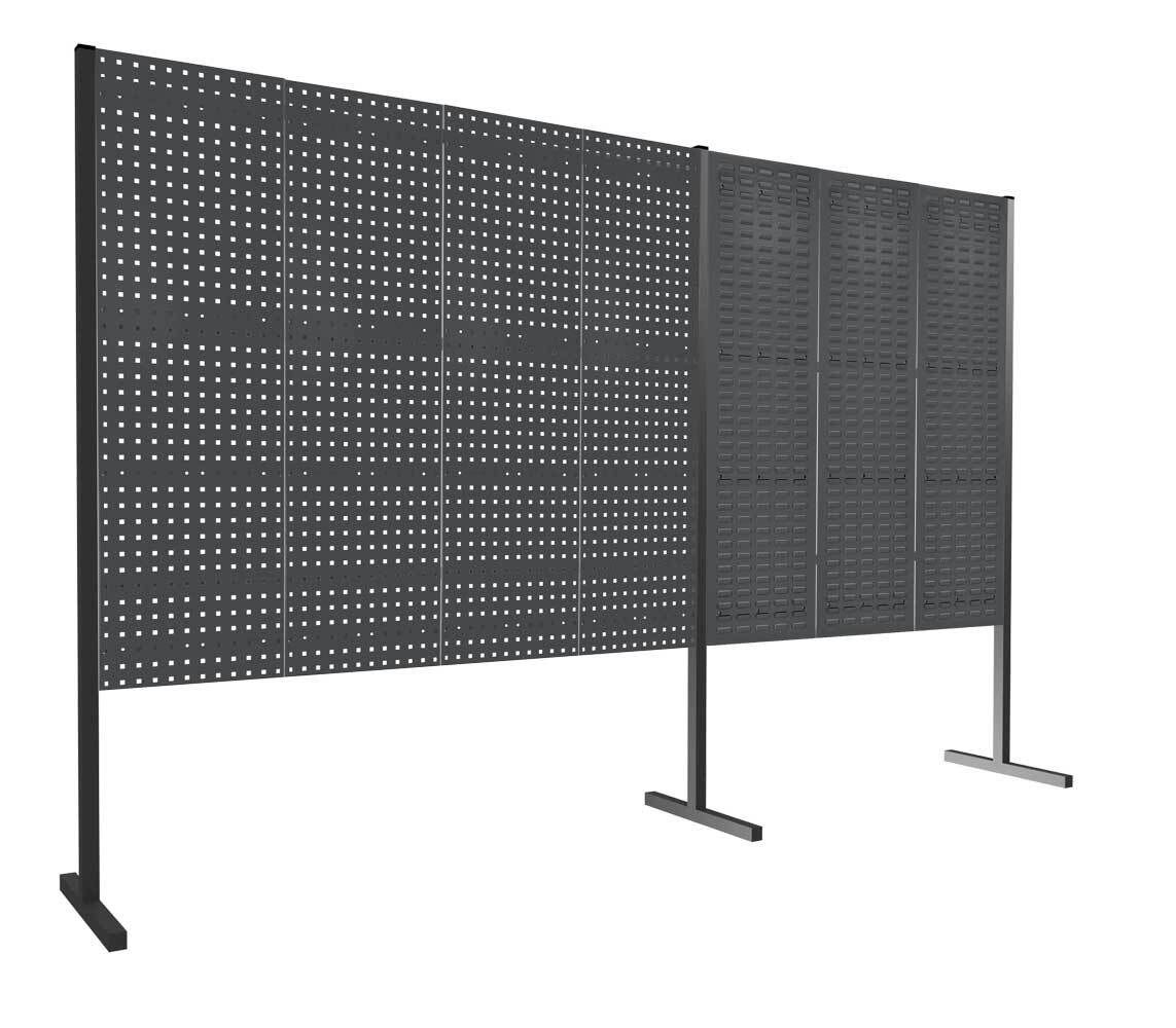 Modulare Trennwand, Werkzeugwand, Doppelfeld 180 Grad, 3 Loch- u. 3 Schlitzplatten, Plattenhöhe 1.500 mm, 2.000 x 3.000 mm (HxB), Anthrazitgrau