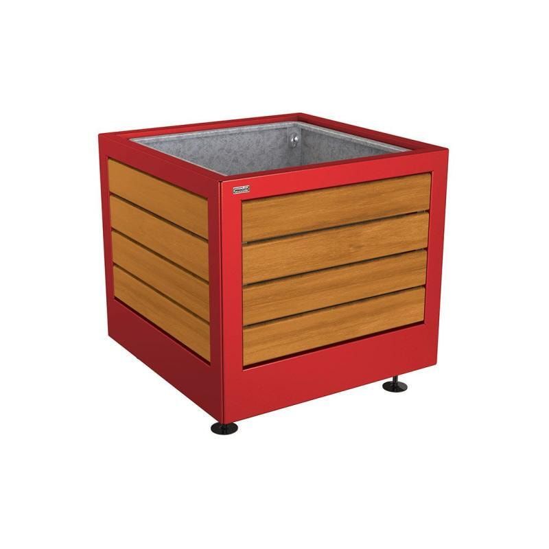 Pflanzbehälter, Stahl und Holz, verstellbare Füße, Innenverkleidung feuerverzinkt mit Verladungsgriffen, 700 x 800 x 800 mm (HxBxT), Farbe enzianblau