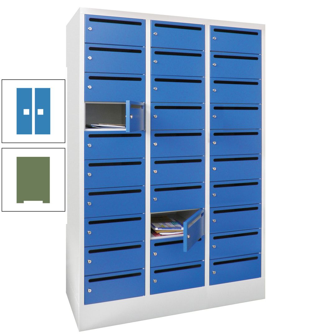 Postverteilerschrank, Schließfachschrank, 3 Abteile a 300 mm, 30 Fächer, 1.850 x 900 x 500 mm (HxBxT), Korpus anthrazitgrau, Front anthrazitgrau