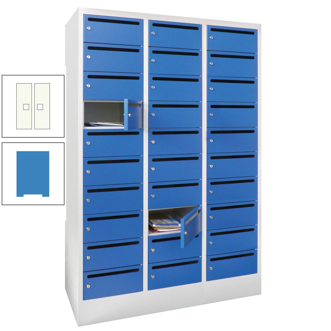 Postverteilerschrank, Schließfachschrank, 3 Abteile a 300 mm, 30 Fächer, 1.850 x 900 x 500 mm (HxBxT), Korpus anthrazitgrau, Front anthrazitgrau