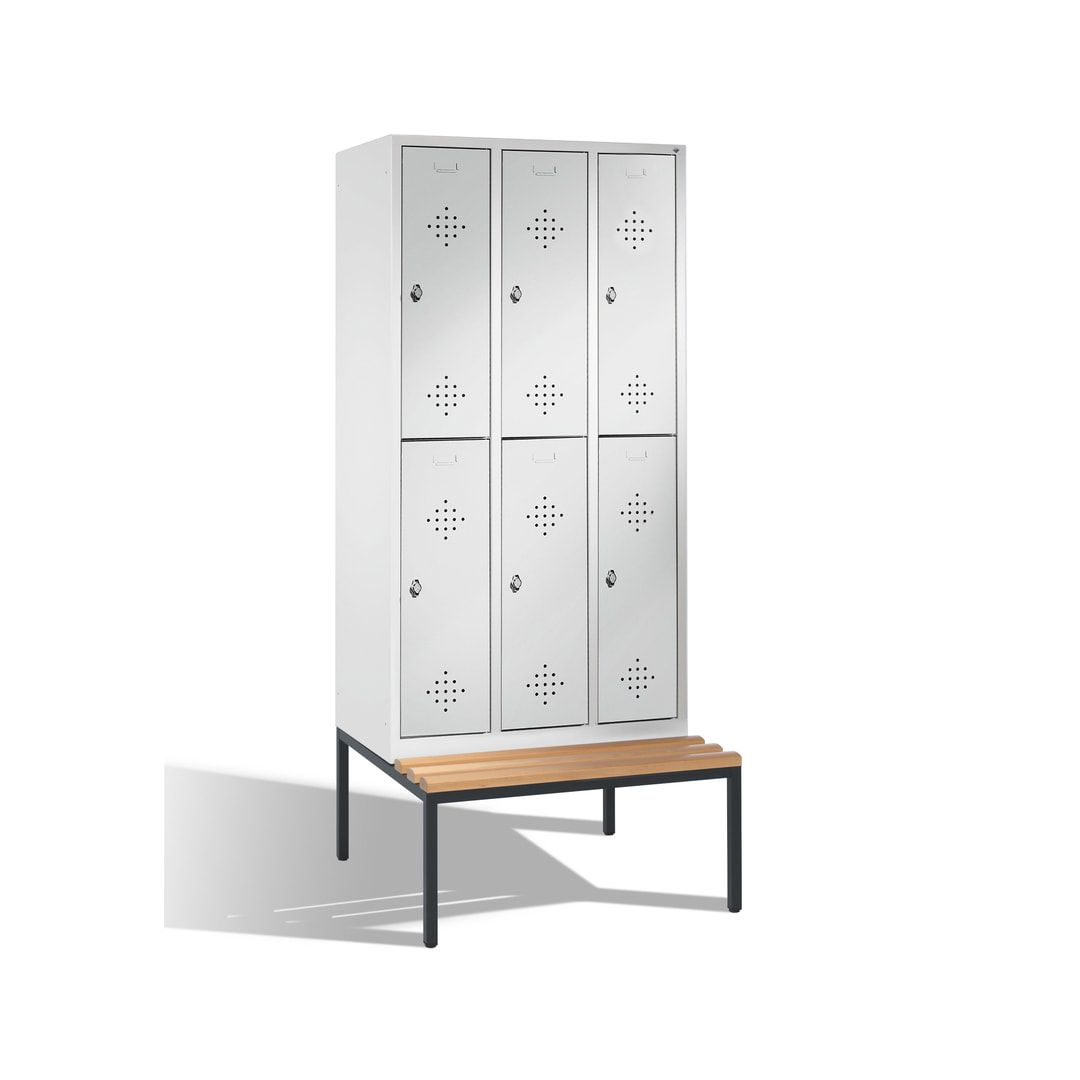Garderobenschrank, Spind, 3 Abteile 6 Fächer, 2.090 x 1.200 x 815 mm (HxBxT), Hartholz Sitzbank untergebaut, Korpus anthrazitgrau, Türen anthrazitgrau