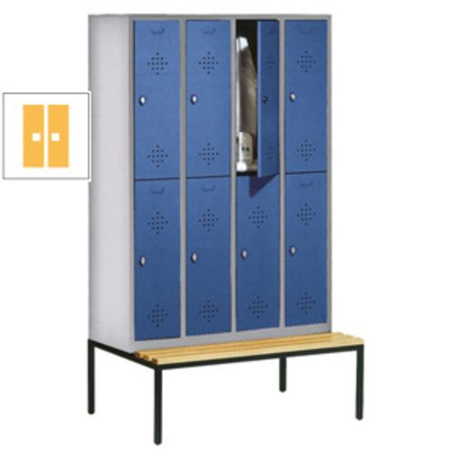 Garderobenschrank, Spind, 4 Abteile 8 Fächer, 2.090 x 1.190 x 815 mm (HxBxT), Hartholz Sitzbank untergebaut, Korpus anthrazitgrau, Türen anthrazitgrau