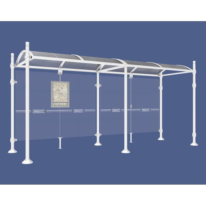Buswartehalle, Unterstand, 2.500 x 2.500 x 1.600 mm (HxBxT), Kopfmodell Agora, ESG, Fahrplanschaukasten, Farbe enzianblau