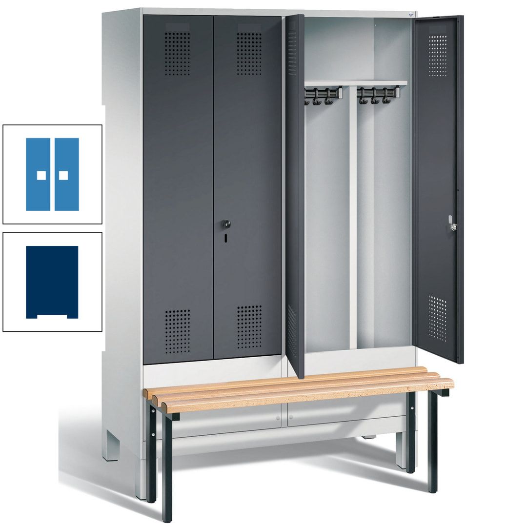 Doppel-Spind, Garderobenschrank, Buche Sitzbank vorgebaut, 4 Abteile a 300 mm, Korpus feuerrot, Tür Wasserblau, 1.850 x 1.200 x 815 mm (HxBxT)