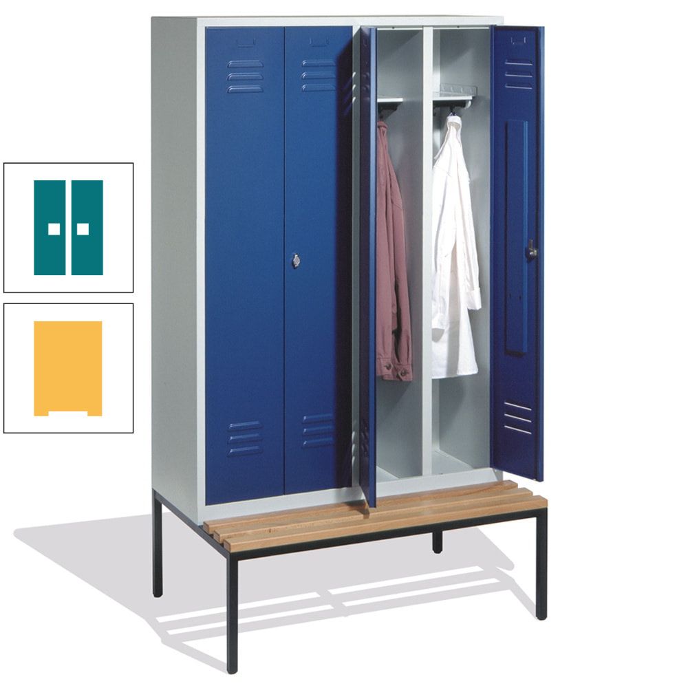 Doppel-Spindschrank, Buche Sitzbank untergebaut, 4 Abteile a 300 mm, Korpus lichtgrau, Tür anthrazitgrau, 2.090 x 1.190 x 815 mm (HxBxT)