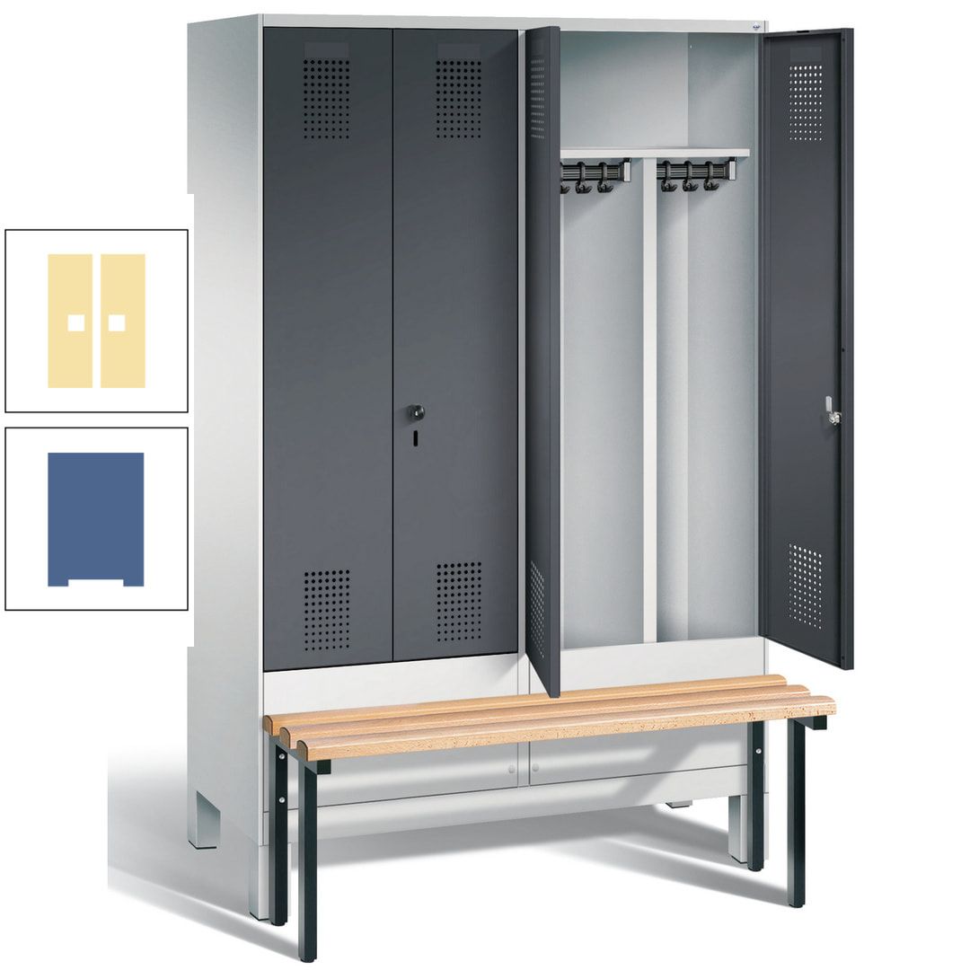 Doppel-Spind, Garderobenschrank, Buche Sitzbank vorgebaut, 4 Abteile a 300 mm, Korpus feuerrot, Tür Wasserblau, 1.850 x 1.200 x 815 mm (HxBxT)