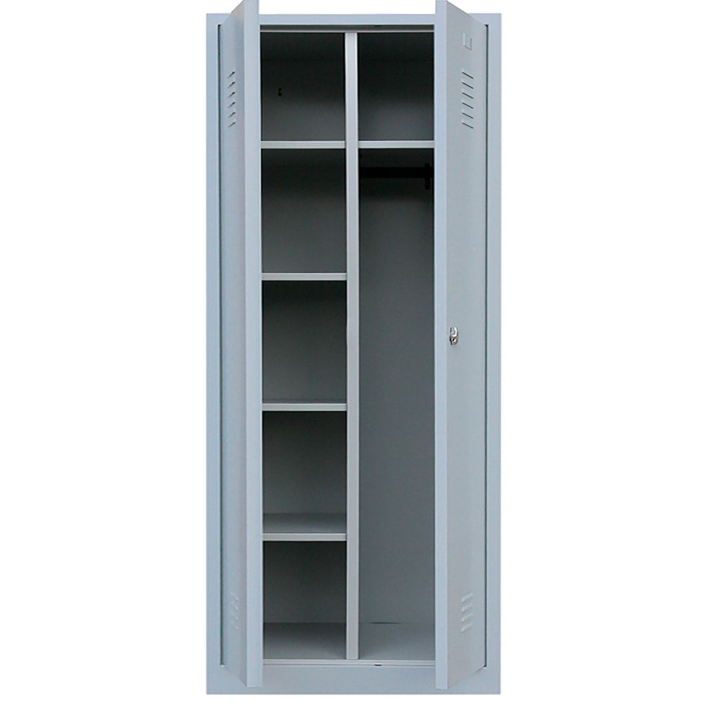 Mehrzweckschrank, Garderobenschrank, 2 Abteile, 6 Fächer, 1.800 x 800 x 500 mm (HxBxT), Kleiderstange, Stahl, Korpus: lichtgrau, Front: enzianblau