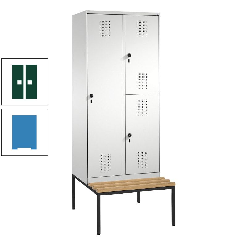 Garderobenschrank, Spind ein- und doppelstöckig Sitzbank, 2 Abteile, 3 Fächer, 2.090 x 800 x 500 mm (HxBxT), Front anthrazitgrau, Korpus anthrazitgrau