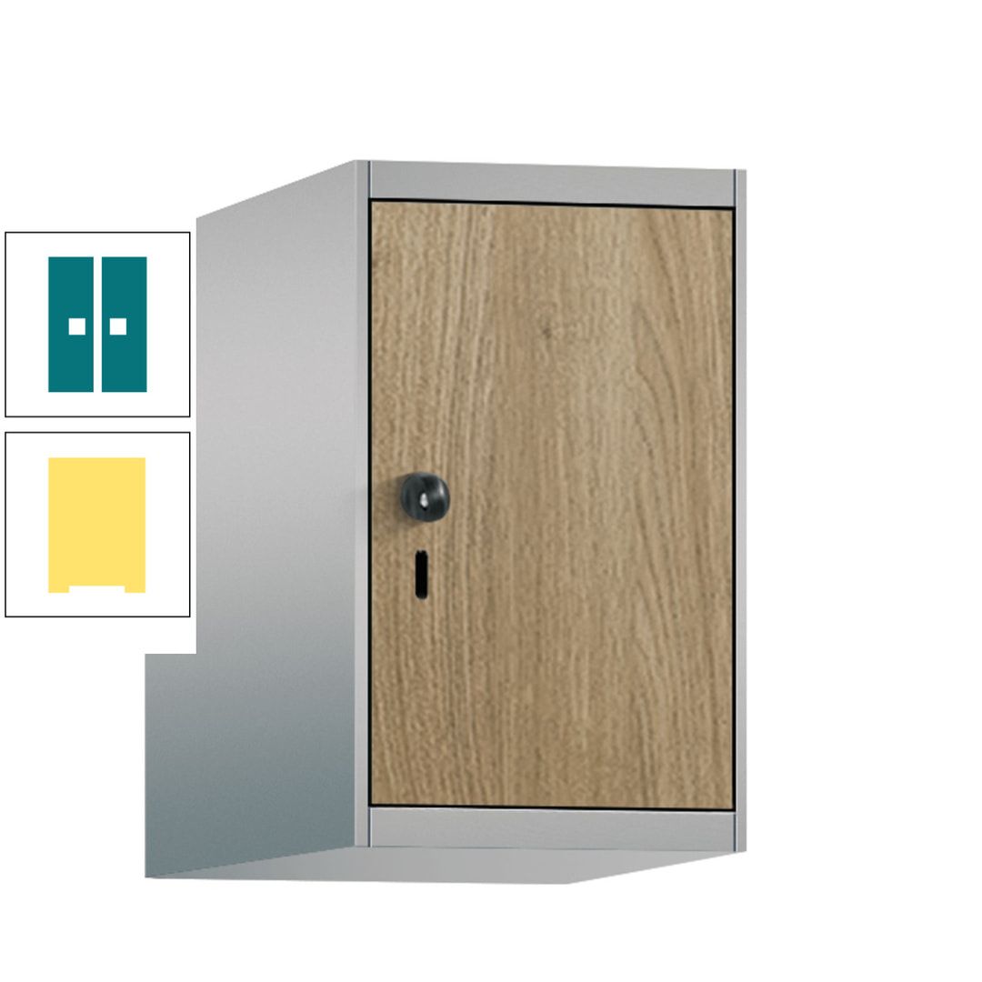 Aufsatzschrank, Schrankaufsatz, 1 Fach a 300 mm, Farbe Pastellgelb, Tür anthrazitgrau, 500 x 300 x 500 mm (HxBxT)