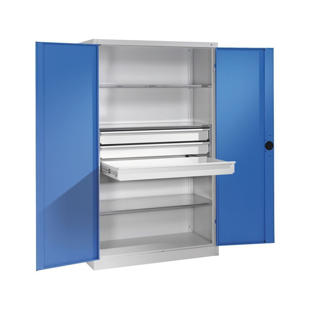 C+P Schwerlastschrank Werkzeugschrank Maschinenschrank, 4 Böden, 3 Schubladen mittig, Farbe lichtgrau/lichtblau, 1.950 x 1.200 (HxB), Tiefe wählbar