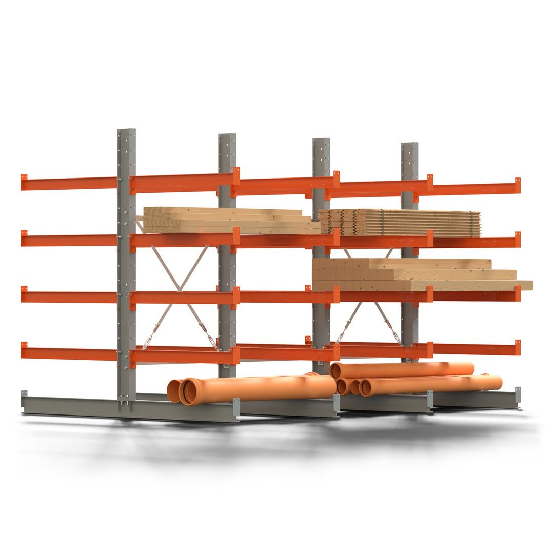 Doppelseitiges Kragarmregal, 2 Felder, 2.000 x 2.000 x 1.120 mm (HxBxT), Nutztiefe 500 mm, Kragarmlast 870 kg, KARL basic, silbergrau/reinorange