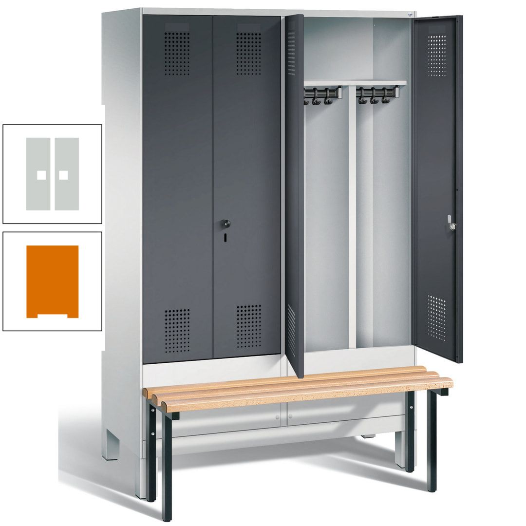 Doppel-Spind, Garderobenschrank, Buche Sitzbank vorgebaut, 4 Abteile a 300 mm, Korpus feuerrot, Tür Wasserblau, 1.850 x 1.200 x 815 mm (HxBxT)
