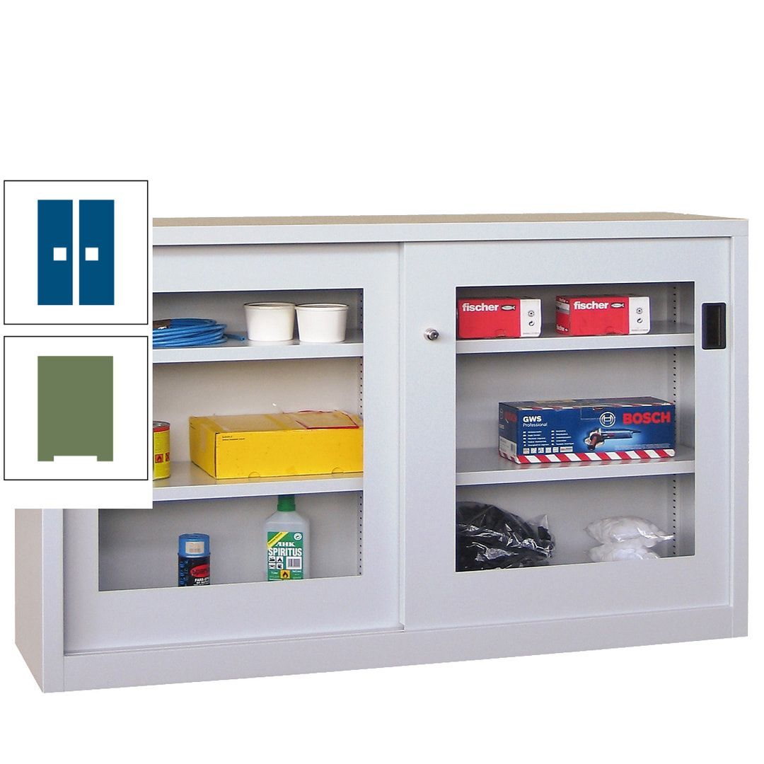 Schiebetürenschrank - Sichtfenstertüren - 1.000x1.500x600 mm (HxBxT) - 4 Böden, verzinkt - Zylinderschloss - anthrazitgrau
