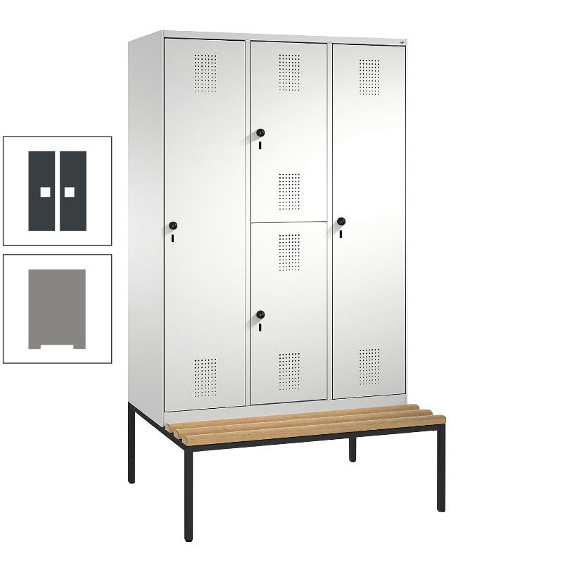 Garderobenschrank, Spind ein- und doppelstöckig Sitzbank, 3 Abteile, 4 Fächer, 2.090x1.200x500 mm (HxBxT), Front anthrazitgrau, Korpus anthrazitgrau