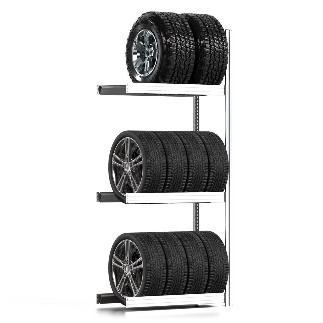 Reifenregal mit Tiefenriegel - 250 kg - 2.000 x 875 x 400 mm (HxBxT) - 3 Ebenen - Anbauregal - Steckregal BERT