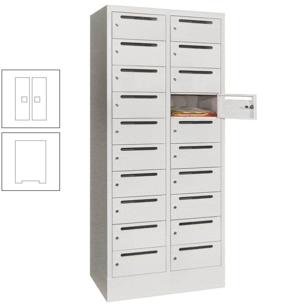 Postverteilerschrank, Schließfachschrank, 2 Abteile a 400 mm, 20 Fächer, 1.850 x 800 x 500 mm (HxBxT), Korpus anthrazitgrau, Front anthrazitgrau
