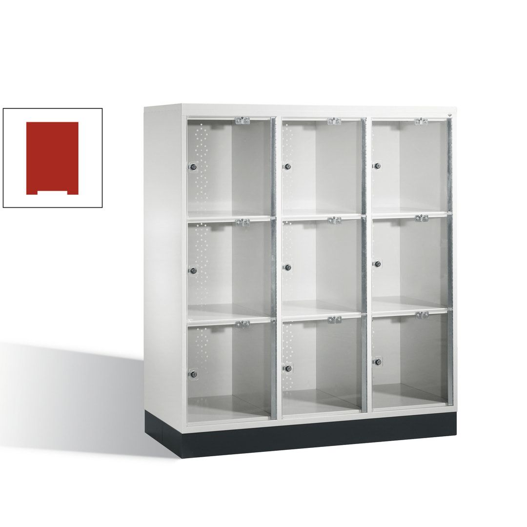 Schließfachschrank, Fächerschrank mit Türen aus Acrylglas, 3 Abteile, 9 Fächer, Zylinderschloss, 1.370 x 1.220 x 500 mm (HxBxT), Korpus anthrazitgrau