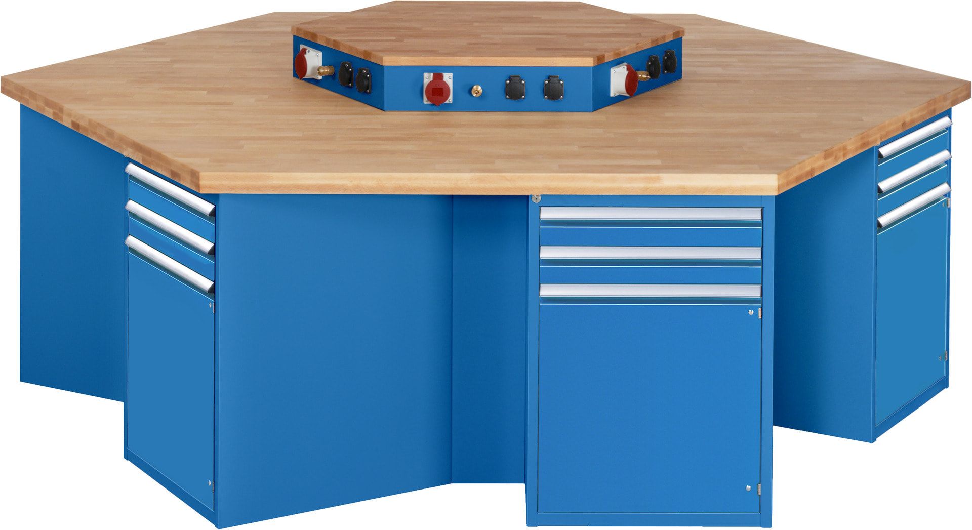 Gruppenwerkbank, Buche, Höhe 840 mm, mit Energieaufsatz, Unterbau-Container, 2 Schubladen, 1 Tür, 1 Boden - Anthrazitgrau