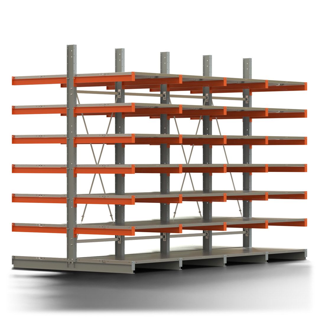 Doppelseitiges Kragarmregal mit Fachböden, 2 Felder, 3.000 x 2.000 (HxB), Nutztiefe 1.000 mm, Kragarmlast 450 kg, KARL basic, silbergrau/reinorange