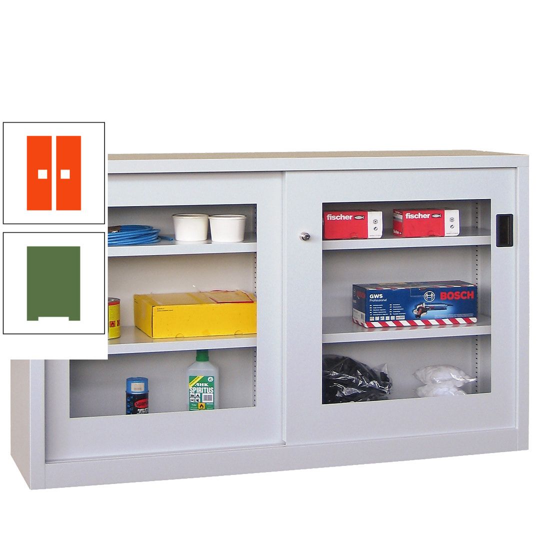 Schiebetürenschrank - Sichtfenstertüren - 1.000x1.500x600 mm (HxBxT) - 4 Böden, verzinkt - Zylinderschloss - anthrazitgrau
