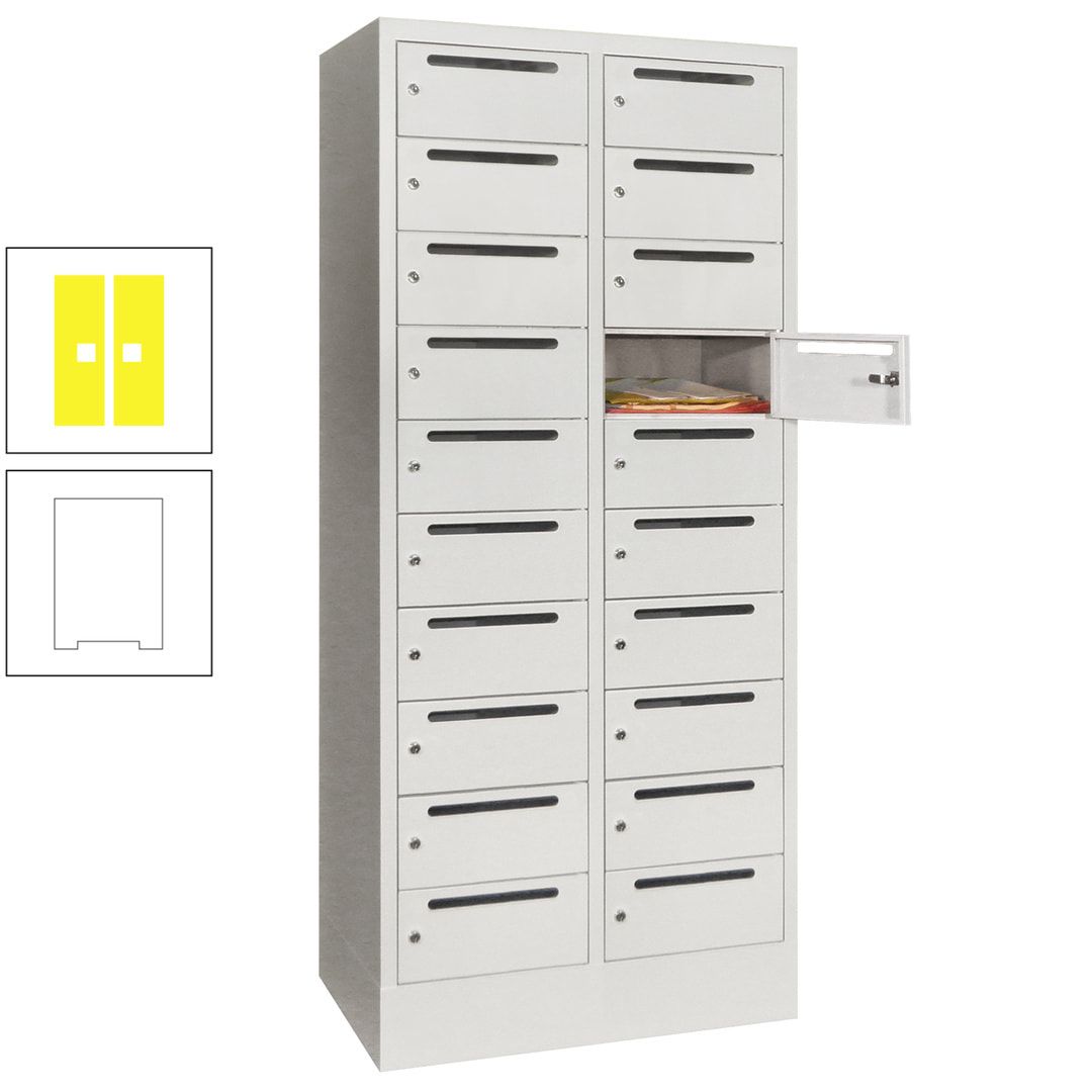 Postverteilerschrank, Schließfachschrank, 2 Abteile a 400 mm, 20 Fächer, 1.850 x 800 x 500 mm (HxBxT), Korpus anthrazitgrau, Front anthrazitgrau