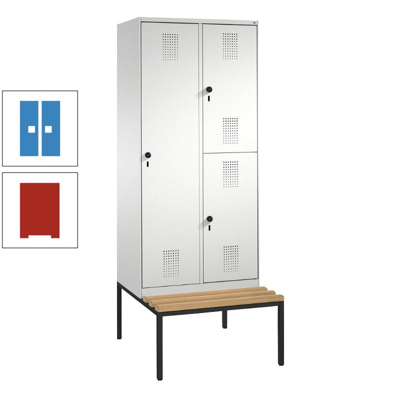Garderobenschrank, Spind ein- und doppelstöckig Sitzbank, 2 Abteile, 3 Fächer, 2.090 x 800 x 500 mm (HxBxT), Front anthrazitgrau, Korpus anthrazitgrau