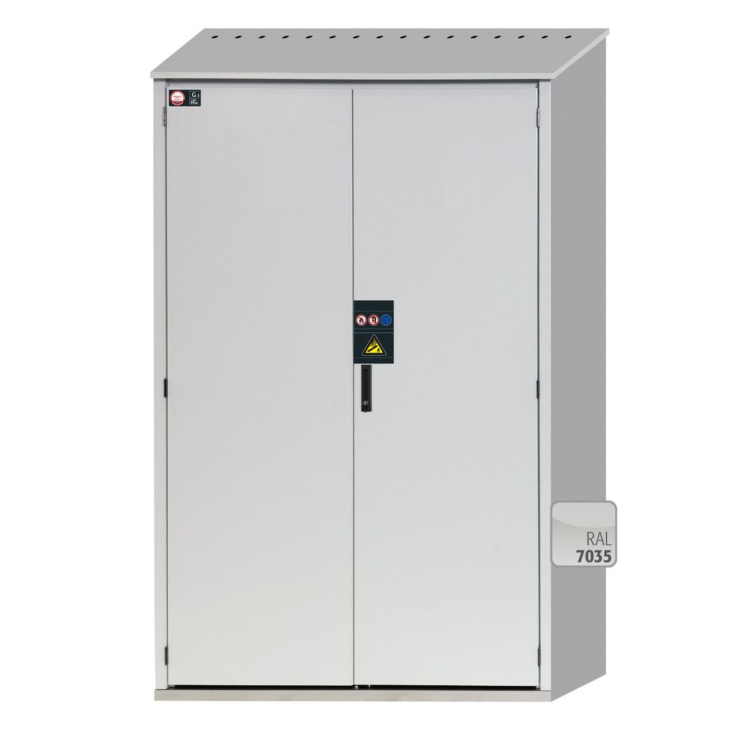 Druckgasflaschenschrank für Außenbereich, Edelstahlsockel, 5 Flaschenplätze, Türen mit Klappfenster, 2.149 x 1.356 x 400 mm (HxBxT), Farbe lichtgrau
