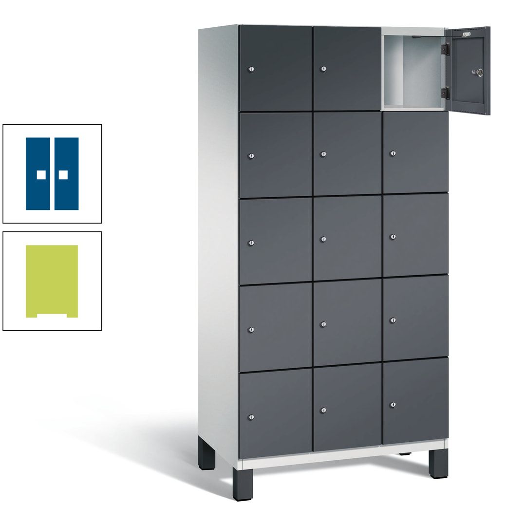 Fächerschrank, Stahlschrank, 15 Fächer, Türöffnungsbegrenzer, Füße, 1.980 x 900 x 525 mm (HxBxT), Korpus anthrazitgrau, Front anthrazitgrau