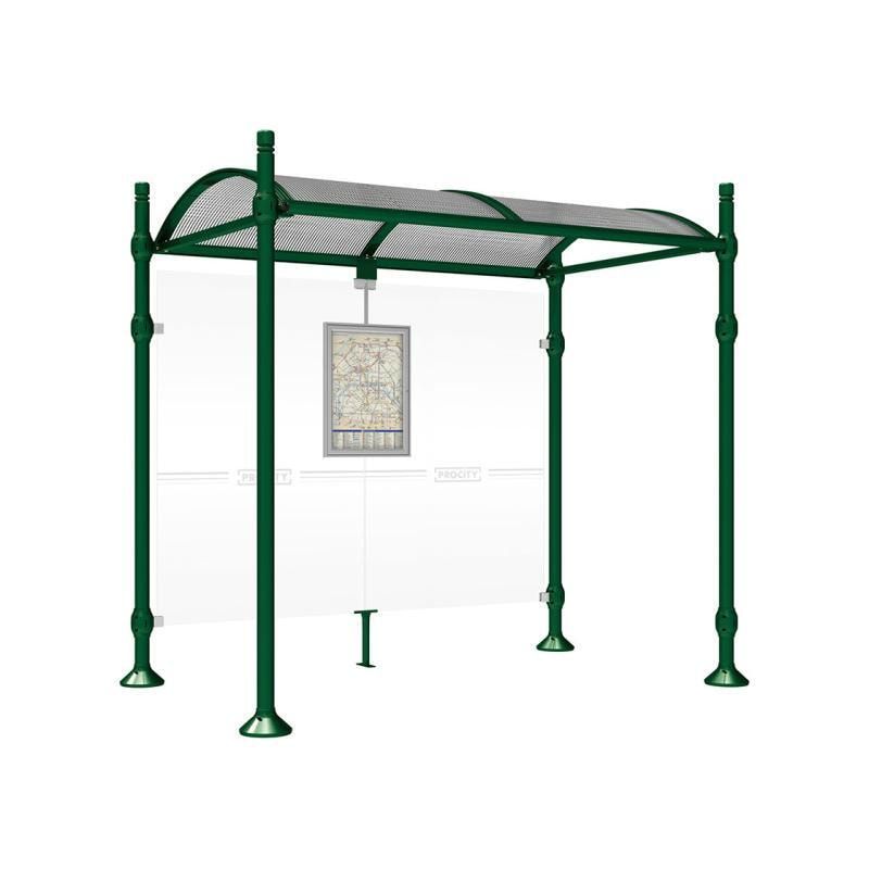 Buswartehalle, Unterstand, 2.500 x 2.500 x 1.600 mm (HxBxT), Kopfmodell Agora, ESG, Fahrplanschaukasten, Farbe enzianblau