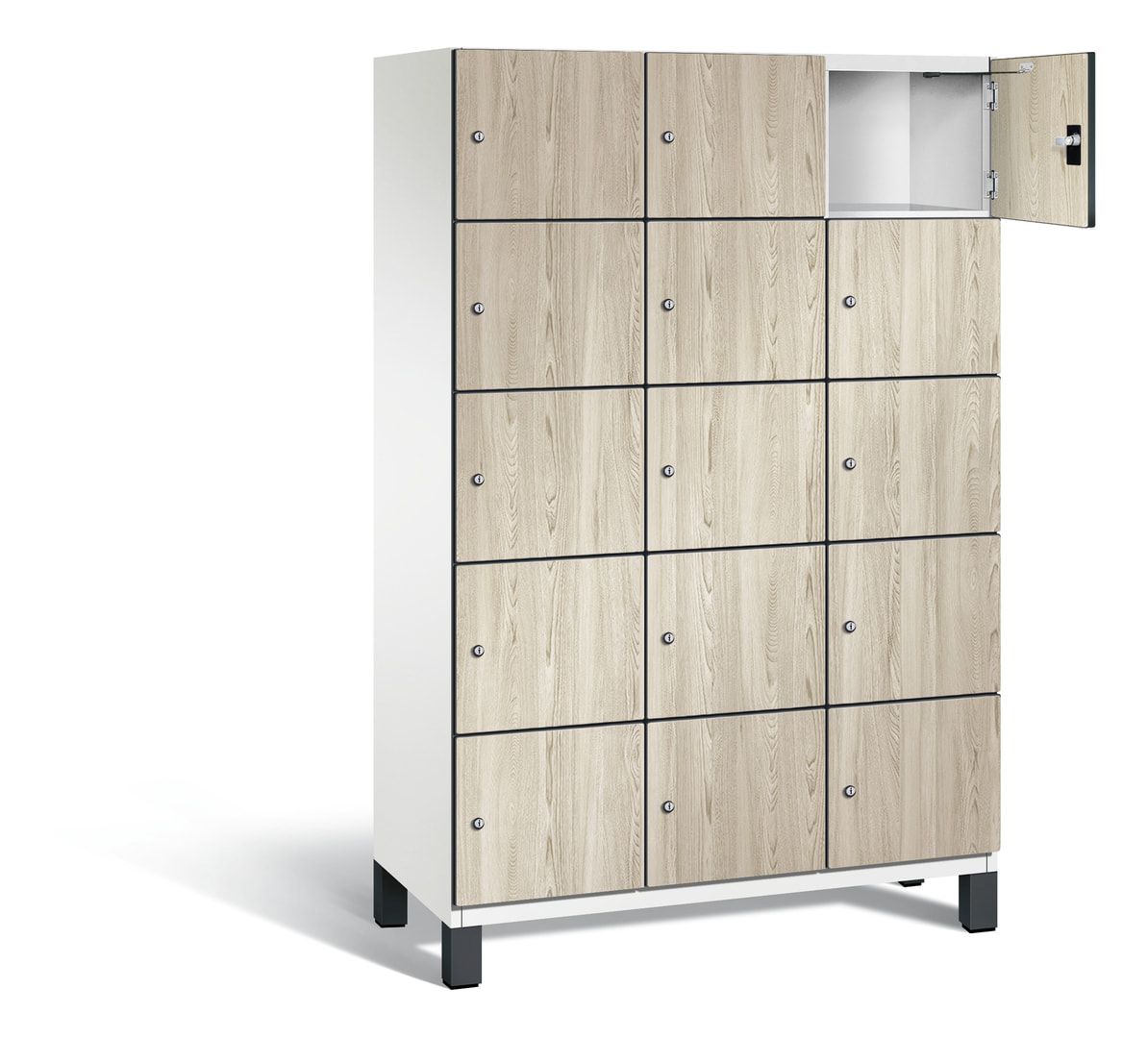 Fächerschrank, Stahlschrank, 15 Fächer, Türöffnungsbegrenzer, Füße, 1.980 x 1.200 x 525 mm, Korpus anthrazitgrau, Dekorfront HPL Donau-Ahorn