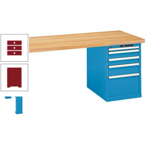 Werkbank, Buche Arbeitsplatte - Code Lock - Tragkraft 1.000 kg - 850 x 2.000 x 800 mm (HxBxT) - 4 Schubladen - Capriblau