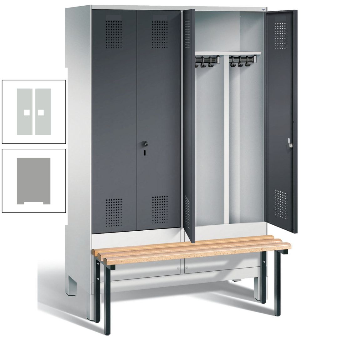 Doppel-Spind, Garderobenschrank, Buche Sitzbank vorgebaut, 4 Abteile a 300 mm, Korpus feuerrot, Tür Wasserblau, 1.850 x 1.200 x 815 mm (HxBxT)