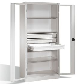 C+P Großraum Werkzeugschrank mit Sichtfenstertüren, 3 Fachböden, 3 Schubladen mittig, Farbe wählbar, 1.950 x 930 x 500 (HxBxT)