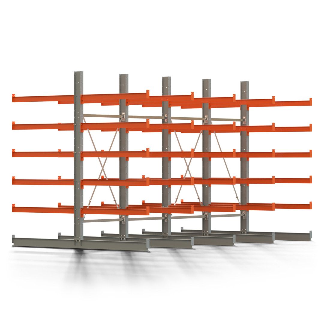 Doppelseitiges Kragarmregal, 2 Felder, 2.500 x 2.000 x 1.120 mm (HxBxT), Nutztiefe 500 mm, Kragarmlast 870 kg, KARL basic, silbergrau/reinorange