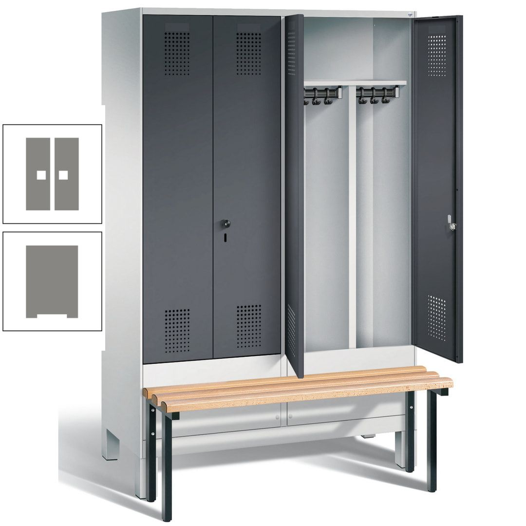 Doppel-Spind, Garderobenschrank, Buche Sitzbank vorgebaut, 4 Abteile a 300 mm, Korpus feuerrot, Tür Wasserblau, 1.850 x 1.200 x 815 mm (HxBxT)