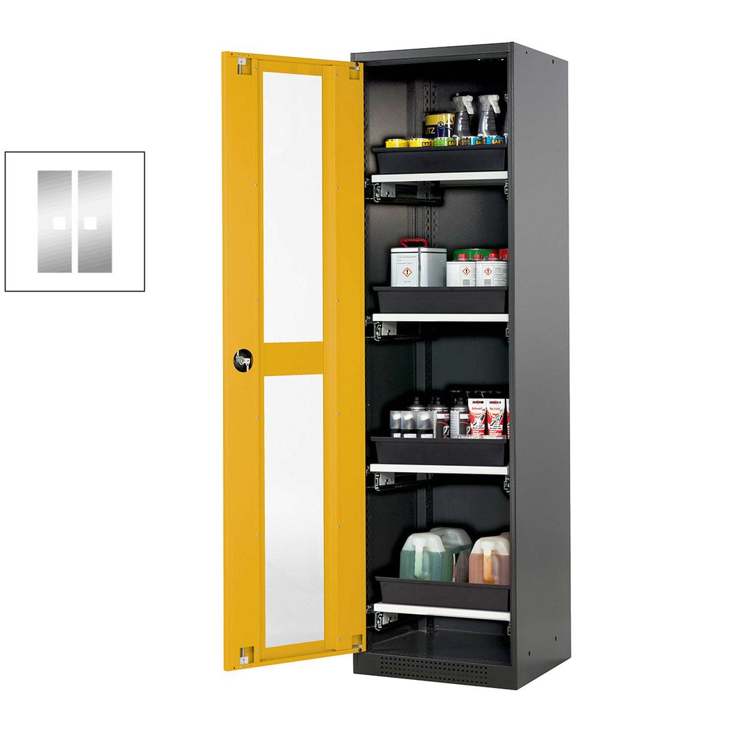 Chemikalienschrank - Flügeltür - Türanschlag links - 4 Tablarauszüge - 1.950 x 545 x 520 mm (HxBxT) - anthrazitgrau/enzianblau