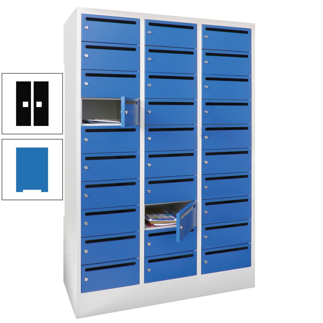Postverteilerschrank, Schließfachschrank, 3 Abteile a 300 mm, 30 Fächer, 1.850 x 900 x 500 mm (HxBxT), Korpus anthrazitgrau, Front anthrazitgrau