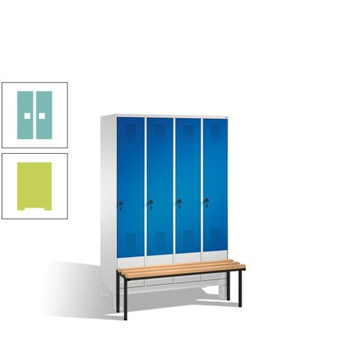 Stahl-Garderobenschrank, Spind, Buche Sitzbank vorgebaut, 4 Abteile a 300 mm, Korpus Lichtgrün, Tür Schwefelgelb, 1.850 x 1.200 x 815 mm (HxBxT)