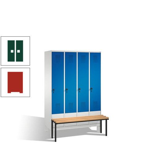Stahl-Garderobenschrank, Spind, Buche Sitzbank vorgebaut, 4 Abteile a 300 mm, Korpus Lichtgrün, Tür Schwefelgelb, 1.850 x 1.200 x 815 mm (HxBxT)