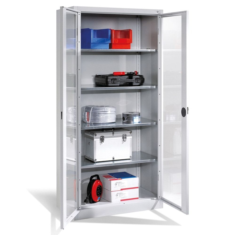 C+P Großraum Werkzeugschrank, Materiallager, Stahlschrank mit Sichtfenstertüren, 4 Fachböden, Farbe lichtgrau, 1.950 x 930 x 500 (HxBxT)