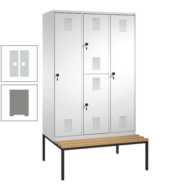 Garderobenschrank, Spind ein- und doppelstöckig Sitzbank, 3 Abteile, 4 Fächer, 2.090x1.200x500 mm (HxBxT), Front anthrazitgrau, Korpus anthrazitgrau
